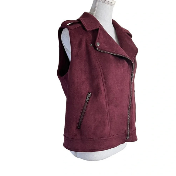 Philosophy Maroon Sleeveless Vest Size Large Collared Zip Up Pockets Faux Suede - Picture 2 of 7